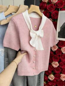 SHEIN Franclia New Arrival Spring/Summer Casual Sweet Cute Bow Tie Knitted Sweater For Women Pink Bow Top Preppy Tops Bow Clothes Light Pink Sweater Rose Top - Pink - View 9