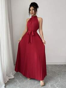 SHEIN PETITE Đầm chữ A không tay cổ cao buộc dây sau lưng trang trí bèo nhún dành cho nữ - Màu Đỏ Sâu - Xem 5
