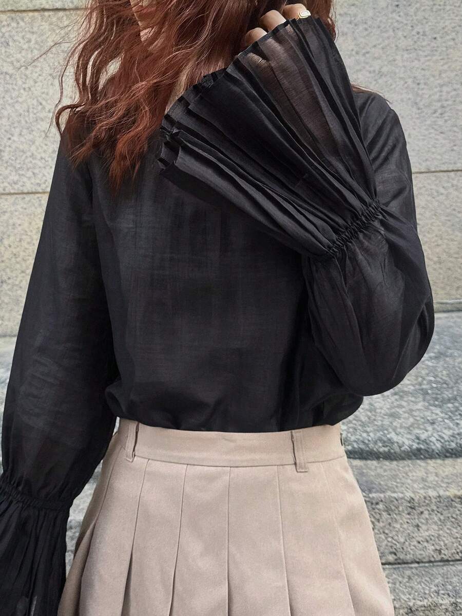 FRIFUL Women's Solid Black Sheer Patchwork Flare Sleeve Pleated Loose Casual Versatile Blouse - Black - View 1