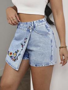 SHEIN PETITE Women's Embroidered Minimalist Casual Denim Shorts - Blue - View 1