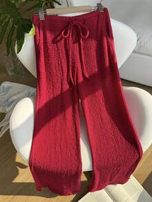 Comfortcana 酒红色女士夏季针织条纹裤 - 酒紅色 - 查看 7