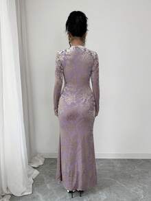 Rafferiza Đầm midi dài tay ôm dáng cổ xếp ly bằng nhung họa tiết chấm bi dành cho nữ, thích hợp cho mùa đông. - Màu tím - Xem 2