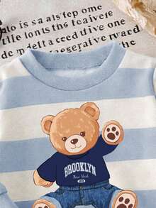 SHEIN Playful Pals 2pcs/Set Toddler Boys' Blue White Stripe Collegiate Sweatshirt Set Cute Bear Design Crew Neck Long Sleeve Sweatpants For Autumn Family Matching Gift - Multicolor - View 7