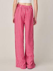 Nöista 红粉格纹高腰阔腿裤，内侧纽扣和拉链闭合。女士套装，适合春夏穿着，情人节、休闲、度假等场合。 - 粉色 - 查看 2