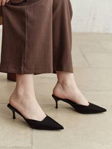 2025秋冬新款女士尖头布面高跟鞋，优雅黑色高跟鞋，时尚百搭细高跟穆勒鞋，舒适拖鞋，猫跟，优雅 - 黑色 - 查看 3