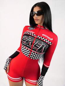 SHEIN ICON Y2k Rave Festival Outfits Romper With Motorcycle Pattern And Stand Collar - Black - View 1