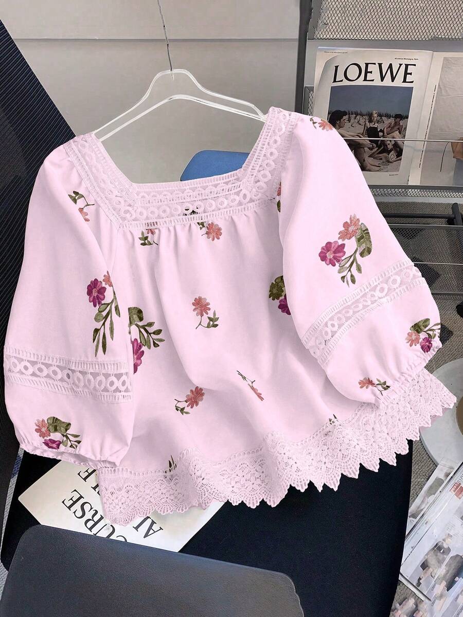 Franclia Áo sơ mi nữ cổ vuông in hoa, thích hợp mặc đi nghỉ mát mùa hè. - Màu Hồng baby - Xem 1