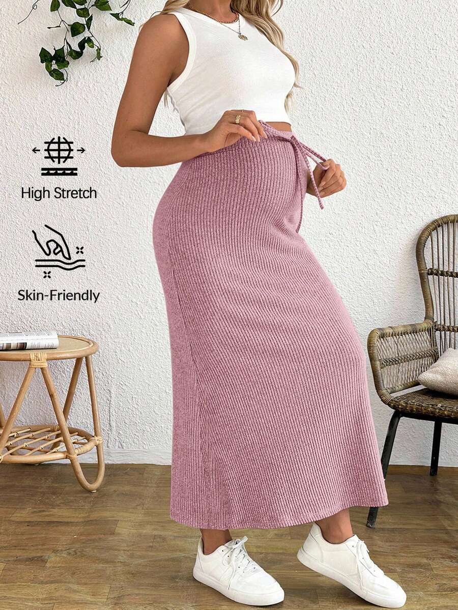 SHEIN Maternity Tank Top And Adjustable Waist Drawstring Fitted Skirt 2 Pieces Set - Baby Pink - View 1