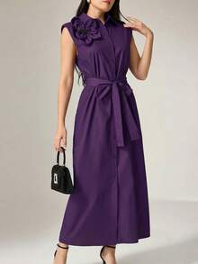 Heiryn Women's Elegant Solid Color 3D Floral Waist Sleeveless Dress ,Summer Dress,Spring Dresses For Women - Purple - View 5