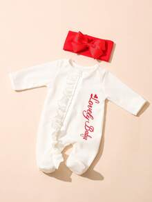 SHEIN 可爱女婴刺绣连体衣，荷叶边装饰，带红色蝴蝶结发带，适合新生儿摄影，情人节宝宝服装 - 彩色 - 查看 6