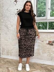 SHEIN LUNE 2 bộ áo chui đầu và váy cổ tròn rộng rãi cho nữ cỡ lớn, phù hợp cho mùa thu/đông - màu đen - Xem 3