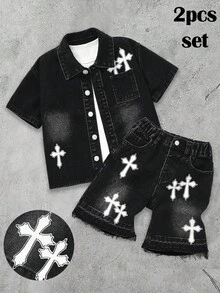 2pcs Young BoyCross Pattern Black Denim Shirt And Shorts Set - Black - View 1