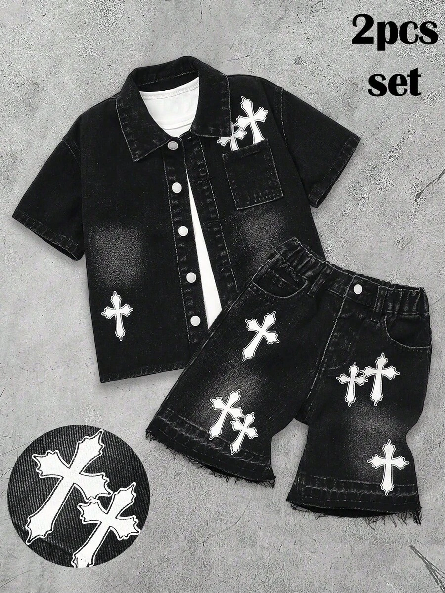 2pcs Young BoyCross Pattern Black Denim Shirt And Shorts Set - Black - View 1