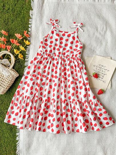 SHEIN Vintaside Kids 少女碎花印花优雅时尚舒适蝴蝶装饰吊带中长连衣裙