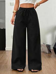SHEIN PETITE 女士夏季/四季皆宜乡村音乐会外出海滩波西米亚风简约水洗100%纯棉弧形裤脚裤 - 黑色 - 查看 9