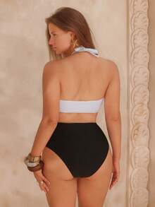 Swim Chiccia Plus Size One-Piece Swimsuit, Minimalist Design For Daily Wear, Women Summer Beach Outfit - Black and White - View 2