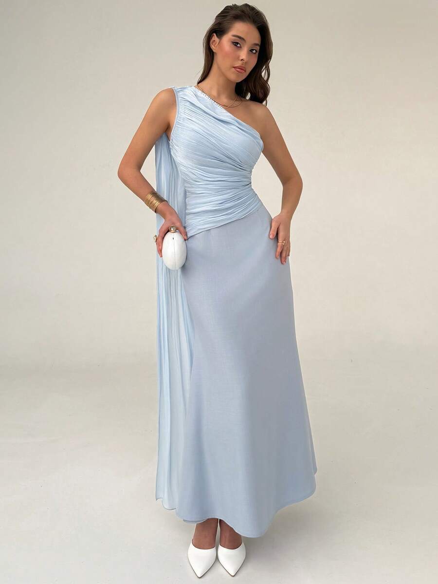 Rafferiza Women's Elegant Shiny Fabric Shoulder Tie Ruched Dress, Suitable For Spring/Summer Outings And Dates - Blue - View 1