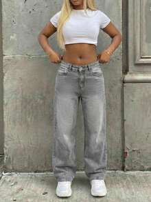 SHEIN ICON 女士宽松版型带口袋阔腿休闲牛仔裤 - 灰色 - 查看 3