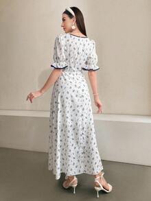 Seusyu Women's Floral Print Sweetheart Neckline Dress Maxi Women Outfit - Blue - View 2