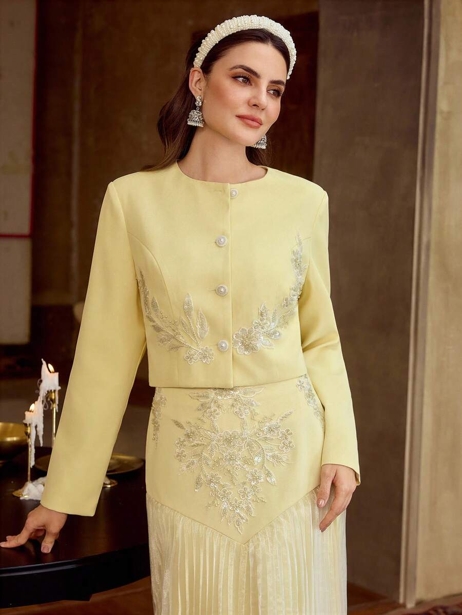 ZEYLAH Women's Round Neck Floral Embroidery Pattern Single-Breasted Casual Versatile Daily Wear Long Sleeve Jacket - Light Yellow - View 1