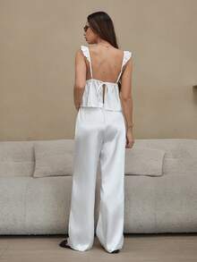 HautHeat 女士蕾丝拼接吊带睡衣套装，日常穿着 - 白色 - 查看 2