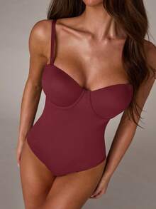 SHEIN BAE Fashionable & Elegant Bodysuit With Cup Design - Burgundy - View 4