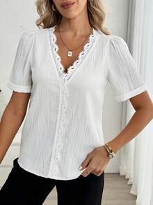 Louniche Women's Casual Versatile Pure White V-Neck Lace Patchwork Puff Sleeve Blouse, Spring/Summer - White - View 4