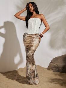 Opulessa 针织网眼印花低腰修身美人鱼裙，适合海滩度假、休闲、假期、夏季旅行、优雅场合、外出、派对等。 - 棕色 - 查看 2