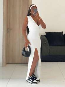 Slaydiva 新款春季、春夏音乐节、情人节、复活节休闲、简约基础款、Y2K街头甜美、性感、邮轮度假、日常约会、辣妹风、性感派对、优雅V领、褶裥腰身、修身剪裁、高开衩至大腿、白色连衣裙、女士超长连衣裙 -A - 白色 - 查看 5