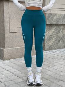 Dewbera 女士高腰撞色滚边塑形打底裤 - 藍色 - 查看 5