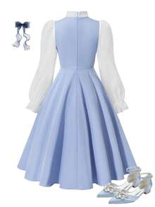 Girls' Contrast Color Mesh Patchwork Long Sleeve Dress - Blue - View 2