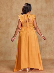 Brilight 女士优雅度假连衣裙，波西米亚风情，完美适用于日光浴、返校季和日常出行。这款连衣裙采用前褶设计、荷叶边装饰、高腰A字廓形、无袖设计，领口处饰有系带蝴蝶结。是完美的夏日连衣裙之选。 - 黃色 - 查看 2