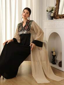 Al Najma 女士优雅亮片镂空领阿拉伯风格连衣裙 - 黑色 - 查看 7