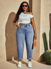 Slaydiva Plus Size Solid Color Slant Pocket Casual Versatile Jeans - Light Wash - View 5