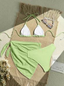Swim Vcay 3 pièces Ensemble de bikini de couleur unie pour femmes avec maillot de bain imprimé aléatoire - Vert acidulé - Voir 2