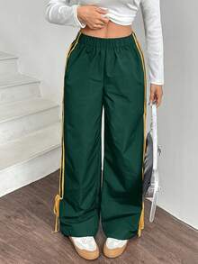 SHEIN EZwear Women Black Side Contrast White Tape Elastic Waist Pants Wide Leg Sweatpants Green Pants For Women Track Pants Drawstring Pants Wide Pants - Dark Green - View 4
