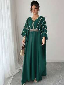 V领金色蕾丝收腰长款罩衫 - 橄欖綠 - 查看 5