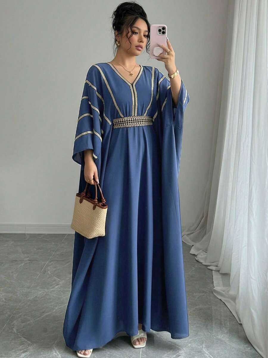 Rafferiza Womens Lake Blue Modest Long Dress With Flared Hem, Batwing Sleeve V Neck And Striped Tape Details, Woven Maxi Gown - Lake Blue - View 1