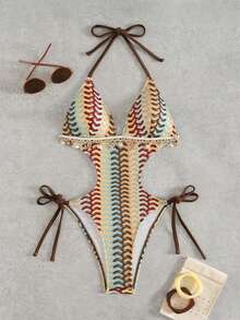 Swim SXY 1pc Women's Solid Color Wavy Pattern Spaghetti Strap Backless Bow Tie Front Shell Chain Decor One-Piece Swimsuit - Multicolor - View 4