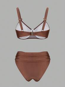 Swim DD+ Women Solid Color Spaghetti Strap Gold Decor Triangle Bikini 2 Pieces Swimwear Set - Coffee Brown - View 4