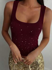 DAZY Women's Slim Fit Studded Decorated Top, New Arrival For Autumn/Winter Summer - Burgundy - View 3