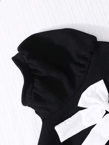 SHEIN 女童简约优雅黑色中长连衣裙，饰有蝴蝶结，圆领泡泡袖，A字腰身，适合日常、通勤、派对等场合。 - 黑色 - 查看 5
