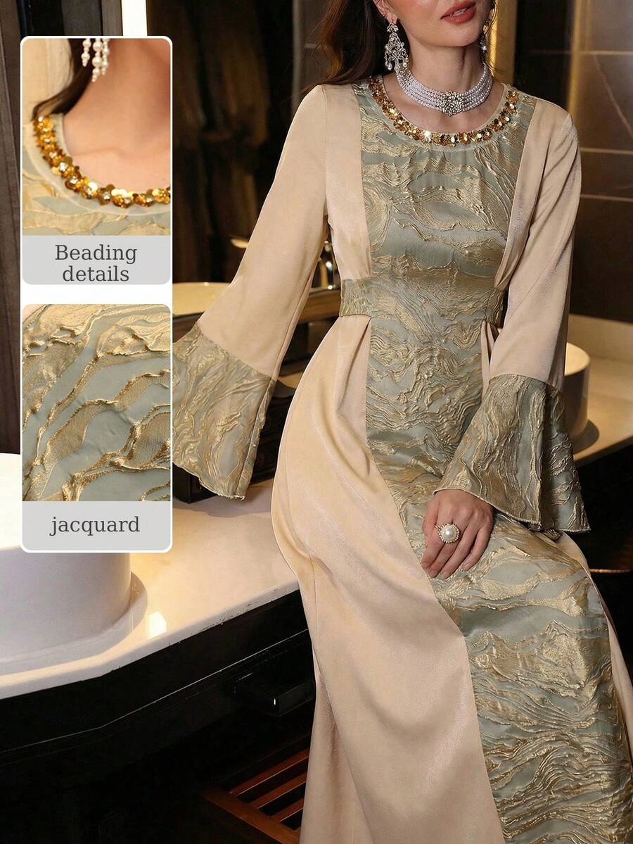 Al Najma 女士春夏梭织真丝醋酸纤维缎面拼接提花长袖系带袖口喇叭袖圆领珍珠串珠饰边优雅阿拉伯连衣裙 - 杏色 - 查看 1