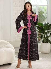 Al Najma Đầm dài tay kiểu Ả Rập thanh lịch dành cho nữ, vải dệt màu đen với họa tiết bướm tím, co giãn. - màu đen - Xem 3