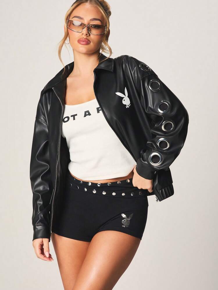 Missguided x Playboy Bunny Logo Faux Leather Bomber Jacket With Metal Grommets And Ribbed Cuffs For Streetwear Fashion
