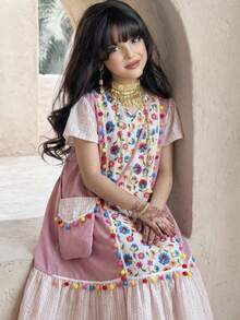 SHEIN Vestido maxi de algodón suelto con estampado floral rosa, patchwork y mangas con volantes para niña preadolescente, con bolso de accesorios, vestido largo estilo boho para fiesta de verano - Rosa - Ver 3
