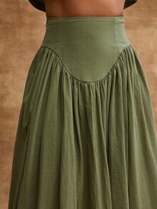 Vixey 100% Cotton Drop Waist Side Zipper Flowy Maxi Skirt - Green - View 5