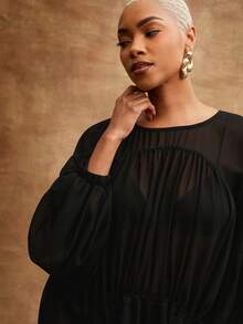 Vixey Sheer Chiffon Drop Shoulder Balloon Sleeve Hi Low Dress - Black - View 5