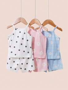 SHEIN 3套女嬰與大童女夏季套裝，粉色與白色，可愛家庭配色，Y2K花卉波點格紋無袖細肩帶背心上衣與短褲 - 彩色 - 查看 2