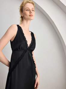 Ocili Leisure Soft Satin Lace Trim Nightgown, Comfortable Chic Autumn Women Sleepwear - Black - View 6